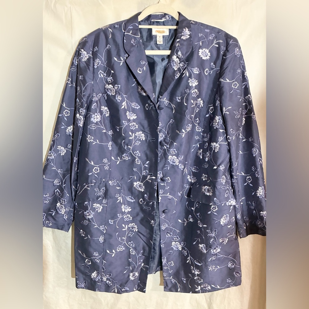 Talbots Silk Long Blazer Sz 16 Flap Pocket Lined Embroidered Flowers Dressy chic
